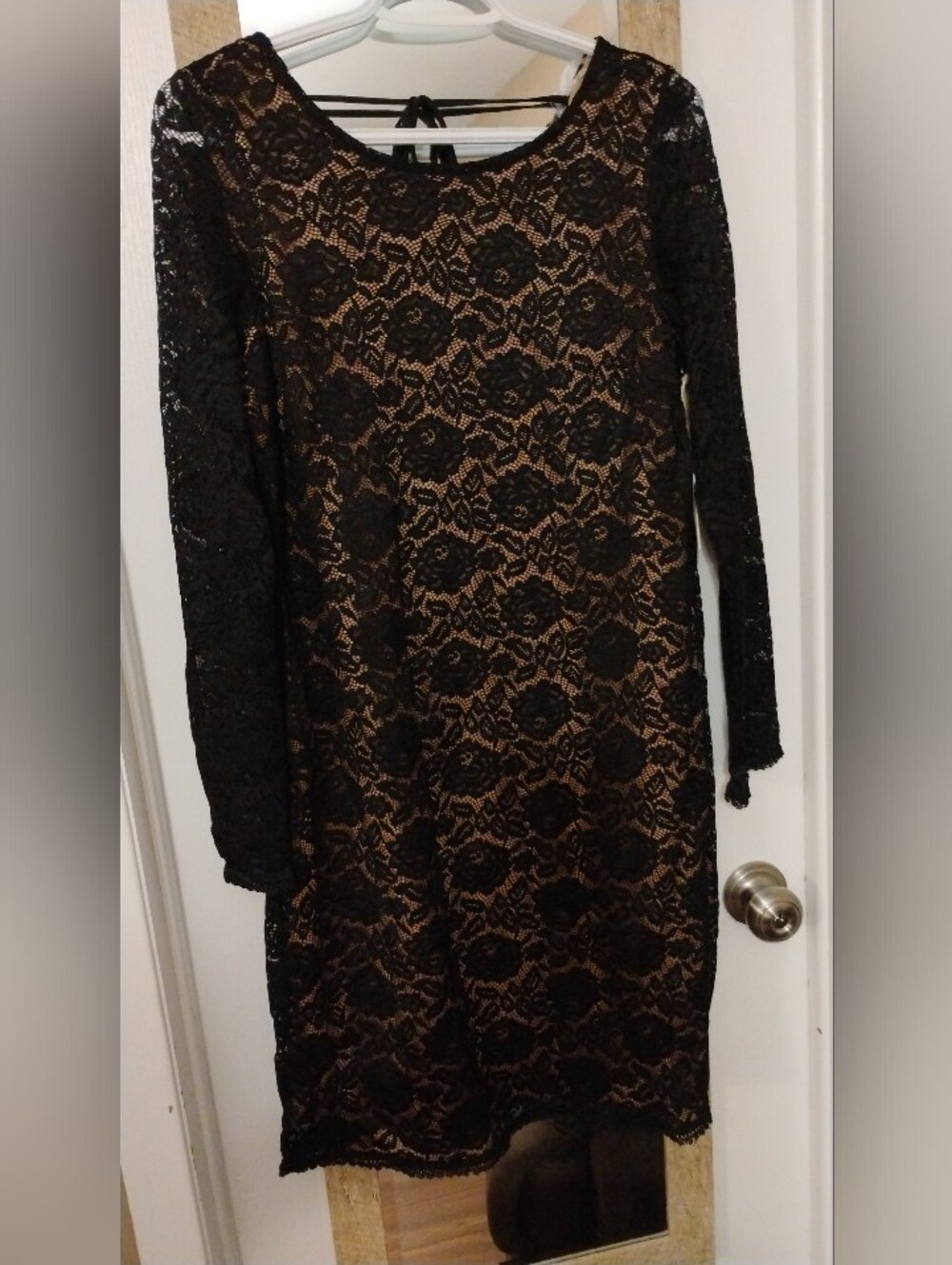 Black Lace Long Sleeve Dress with Nude Underlay